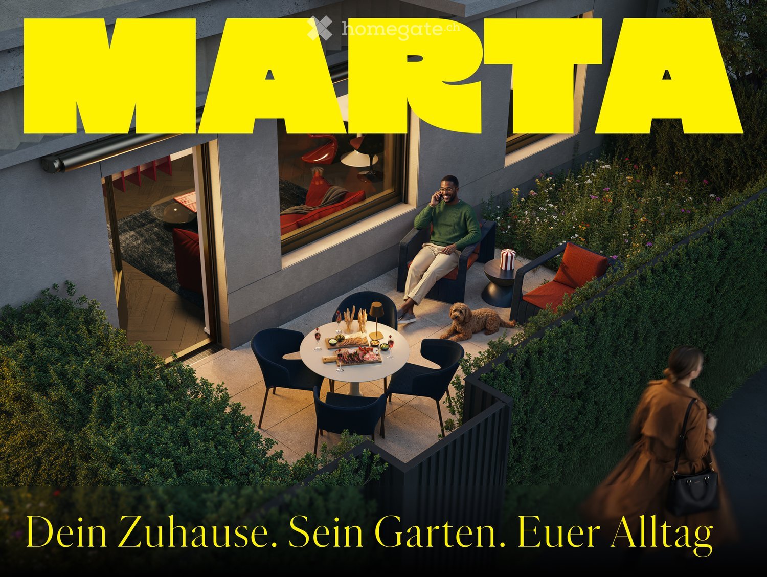 A modern rooftop terrace with a round table, chairs, a stool, and a small dog. The terrace is surrounded by greenery and has a view of the building interior through large windows.