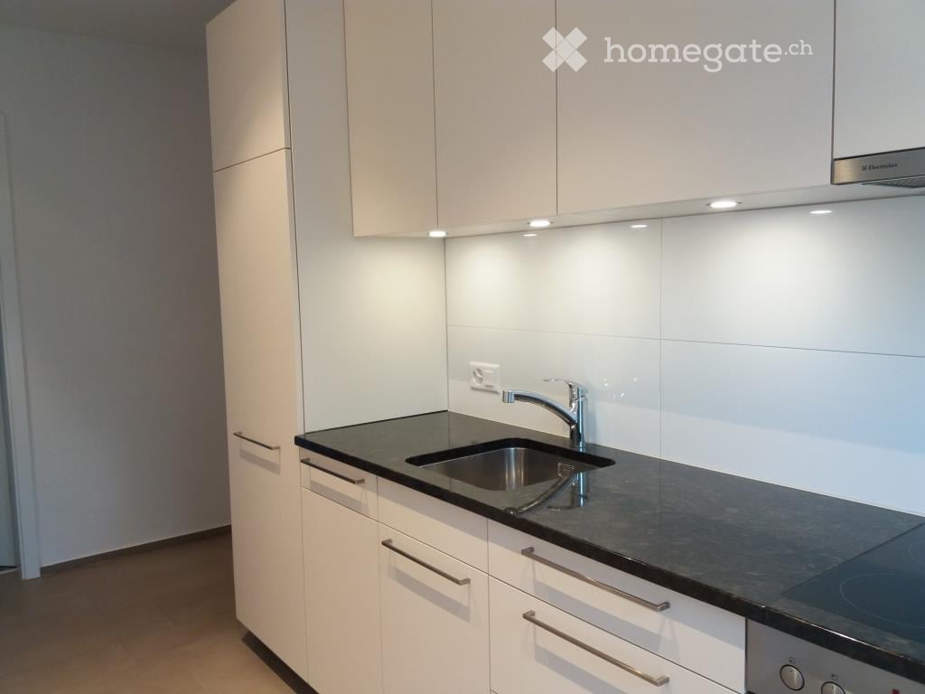 Modern kitchen with white cabinets, black countertop, stainless steel sink, and built-in appliances.