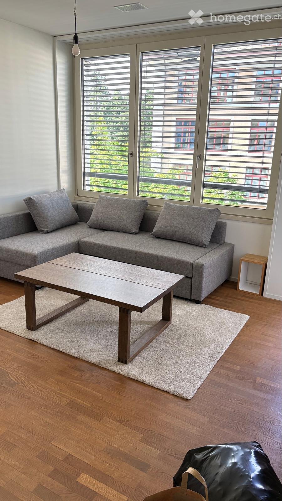 Modern living room with grey sectional sofa, wooden coffee table, side table, and white shag rug on hardwood floor. Large windows with blinds provide natural light.