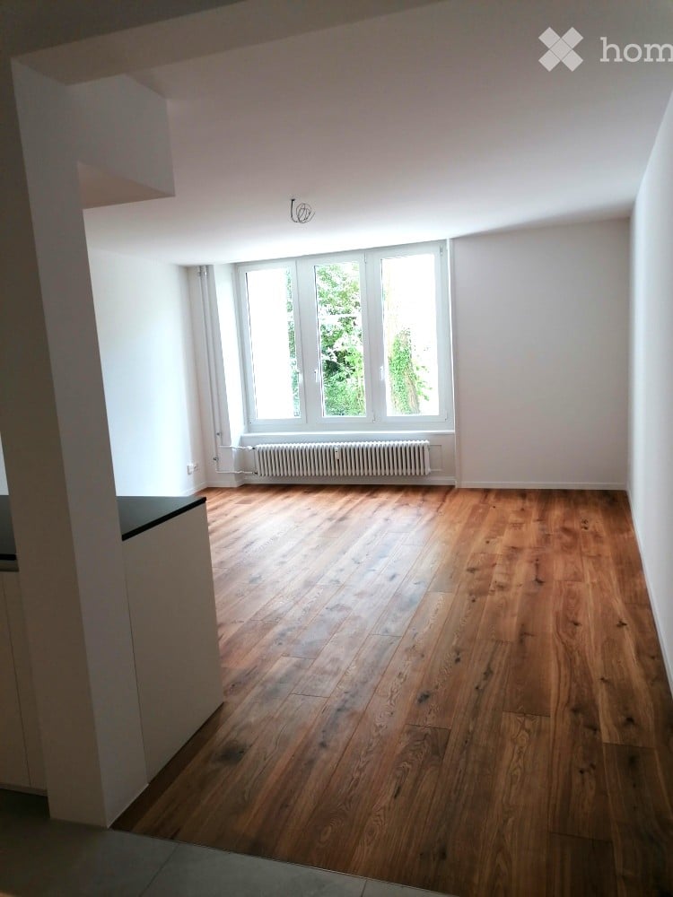 Empty room with wooden flooring, white walls, large windows, and a radiator below the windows.