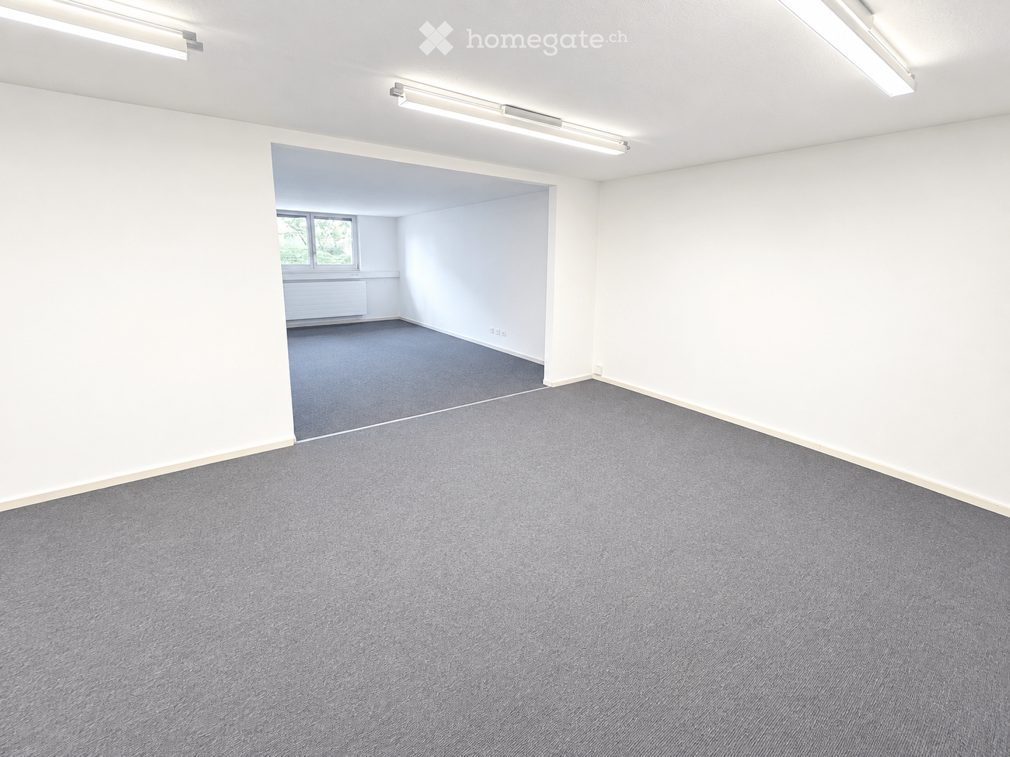 Empty room with grey carpet, white walls, and a window in the adjacent room.