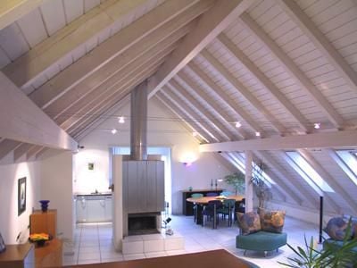 Furnished Room. Open-plan living and dining area with exposed wooden beams, a modern fireplace, a sofa, dining table with chairs, and a small kitchen area.