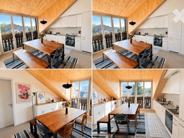 Four images showing a modern, well-lit dining and kitchen area with wooden beams, large windows, and a view. The dining area features a wooden table with benches and chairs, a vase with flowers, and a framed artwork on the wall. The kitchen has white cabi