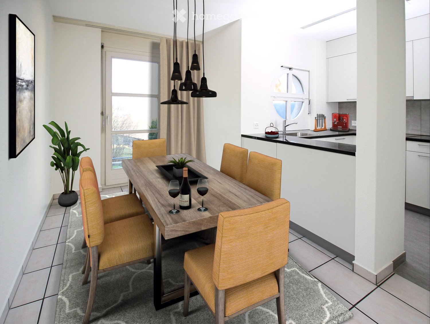 Modern dining area with a wooden dining table, six yellow chairs, wine bottle and glasses, a kitchen area with white cabinets, a sink, coffee maker, and a potted plant near the window.