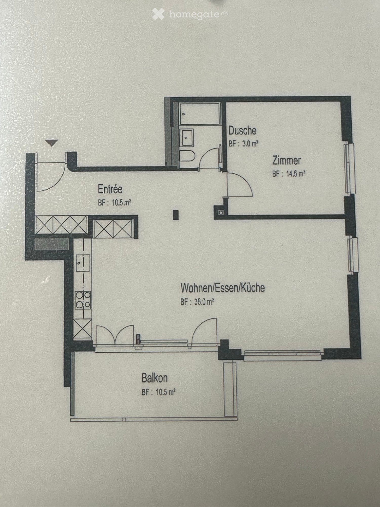 Floor plan showing an entrance, living/dining/kitchen area, bedroom, bathroom, and balcony.