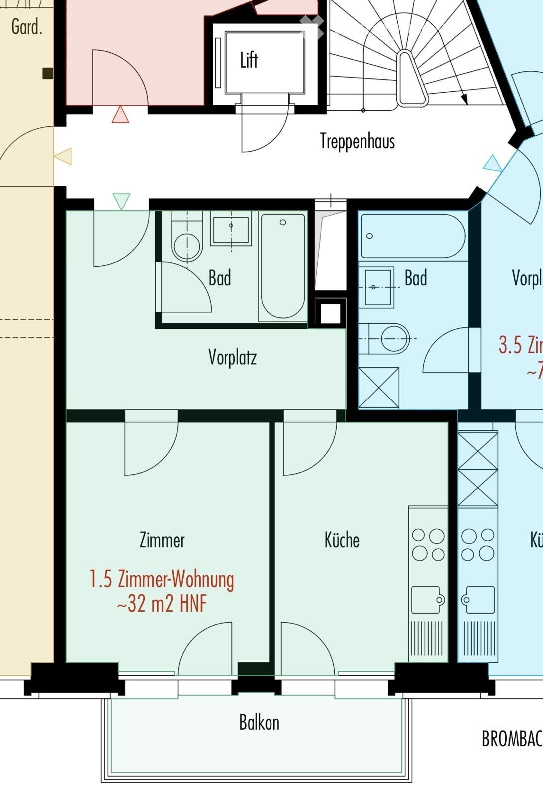 Floor plan of a 1.5-room apartment with a kitchen, two bathrooms, hallway, and balcony.