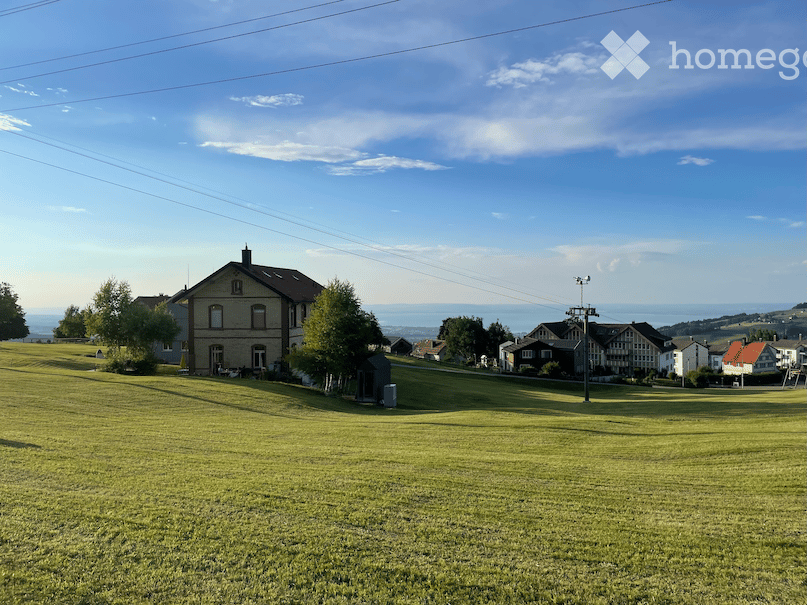 A grassy field with a house in the background, surrounded by trees and a clear blue sky.