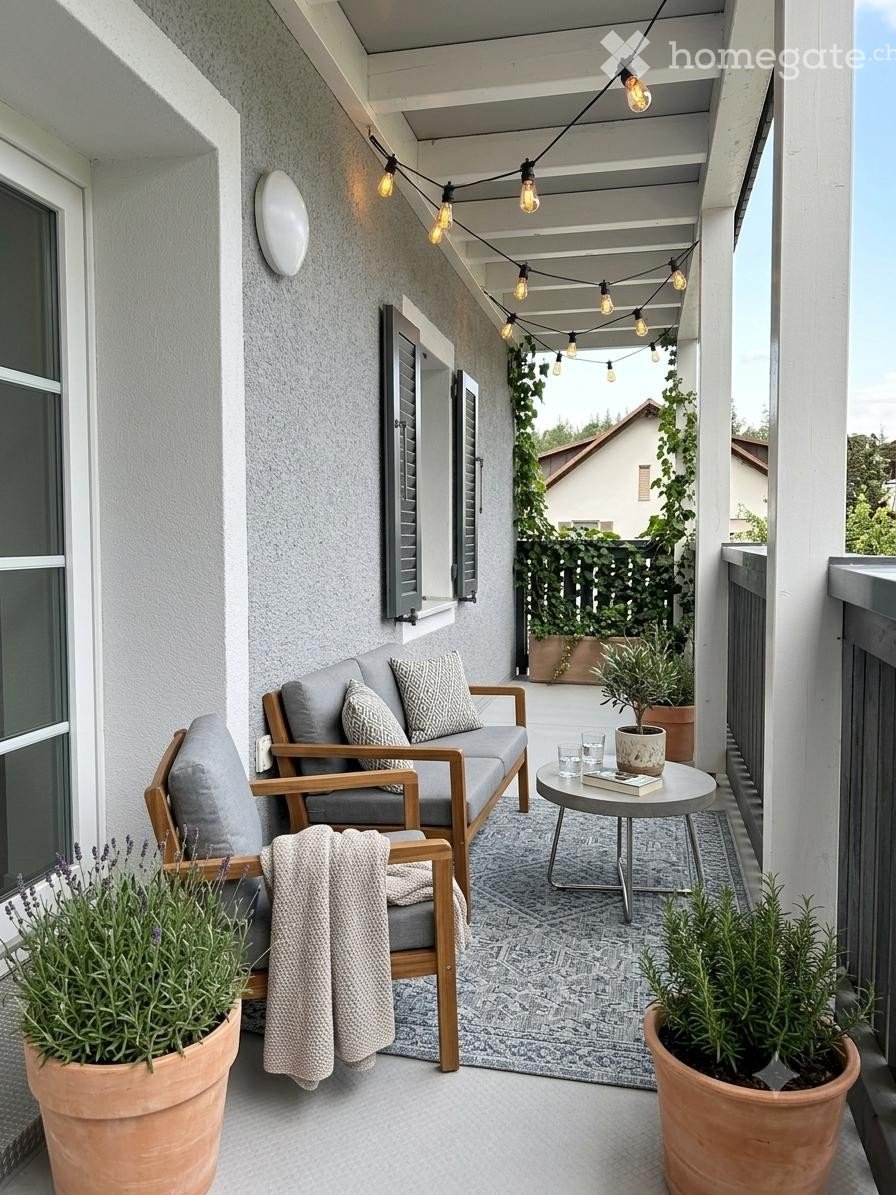 Cozy balcony with grey sofa, wooden chair, small round table, potted plants, and string lights.