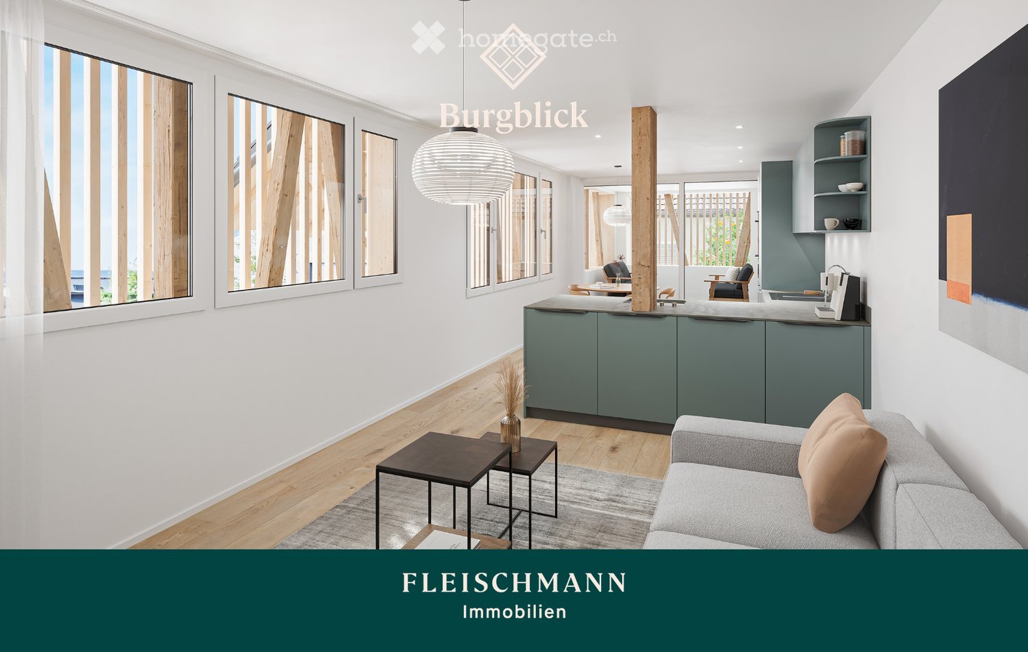 Modern open-plan living and dining area with a grey sofa, coffee table, kitchen island, pendant light, shelves, and a dining table with chairs.