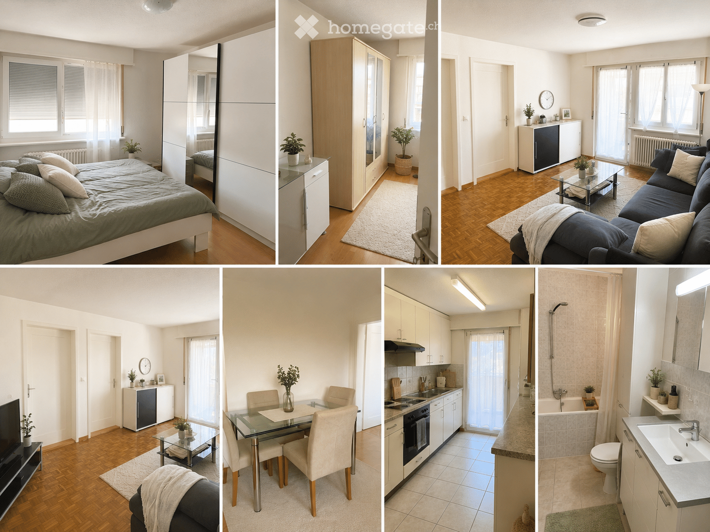 A modern, furnished apartment with a living room, bedroom, dining area, kitchen, and bathroom. Features include a sofa, coffee table, armchair, ottoman, floor lamp, TV, mirror, bed, wardrobe, dining table, chairs, oven, sink, bathtub, and toilet.