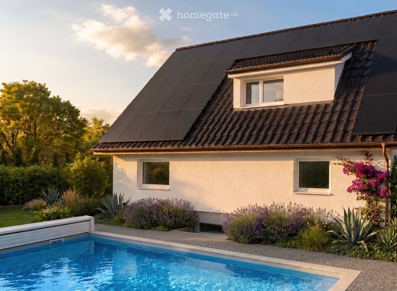 Modern house with solar panels on the roof, surrounded by a well-maintained garden with lavender bushes, succulents, and a swimming pool.