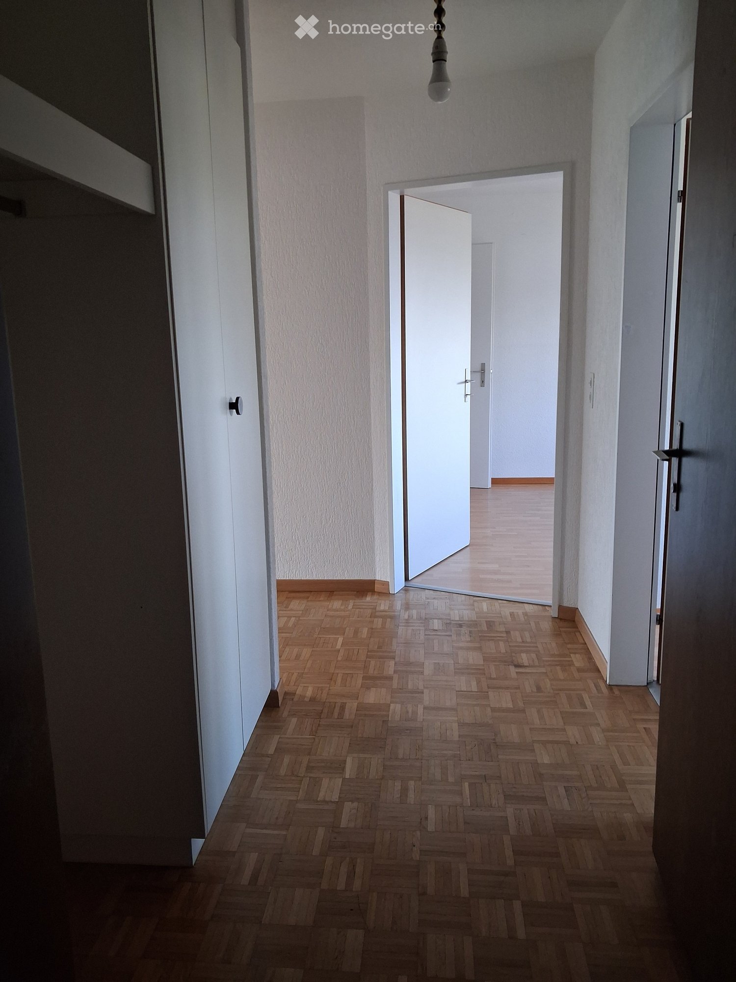 Empty hallway with wooden herringbone flooring, white walls, and open doors leading to other rooms.