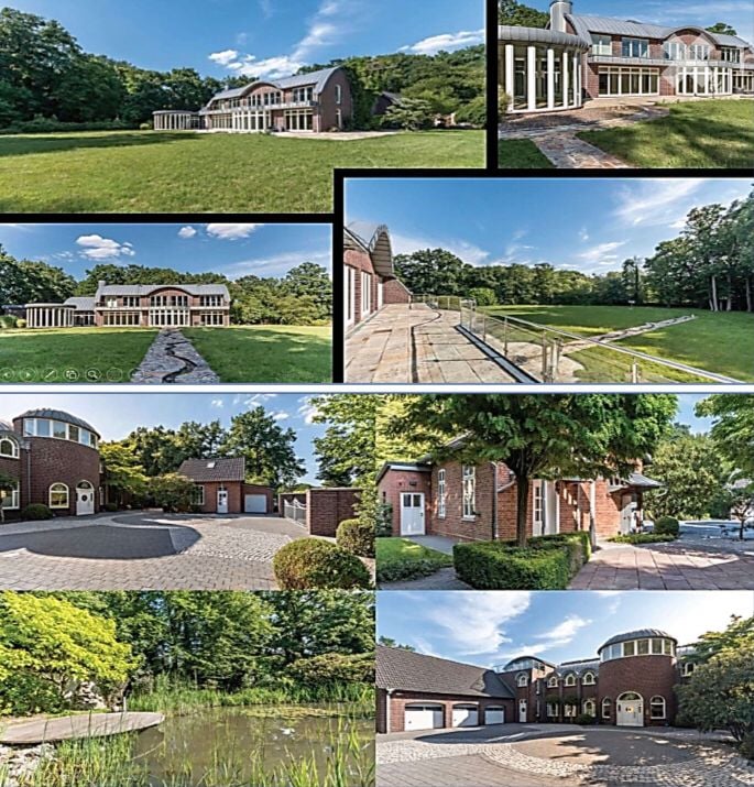A collage of luxury houses with various architectural styles, surrounded by lush green lawns and landscaped gardens.