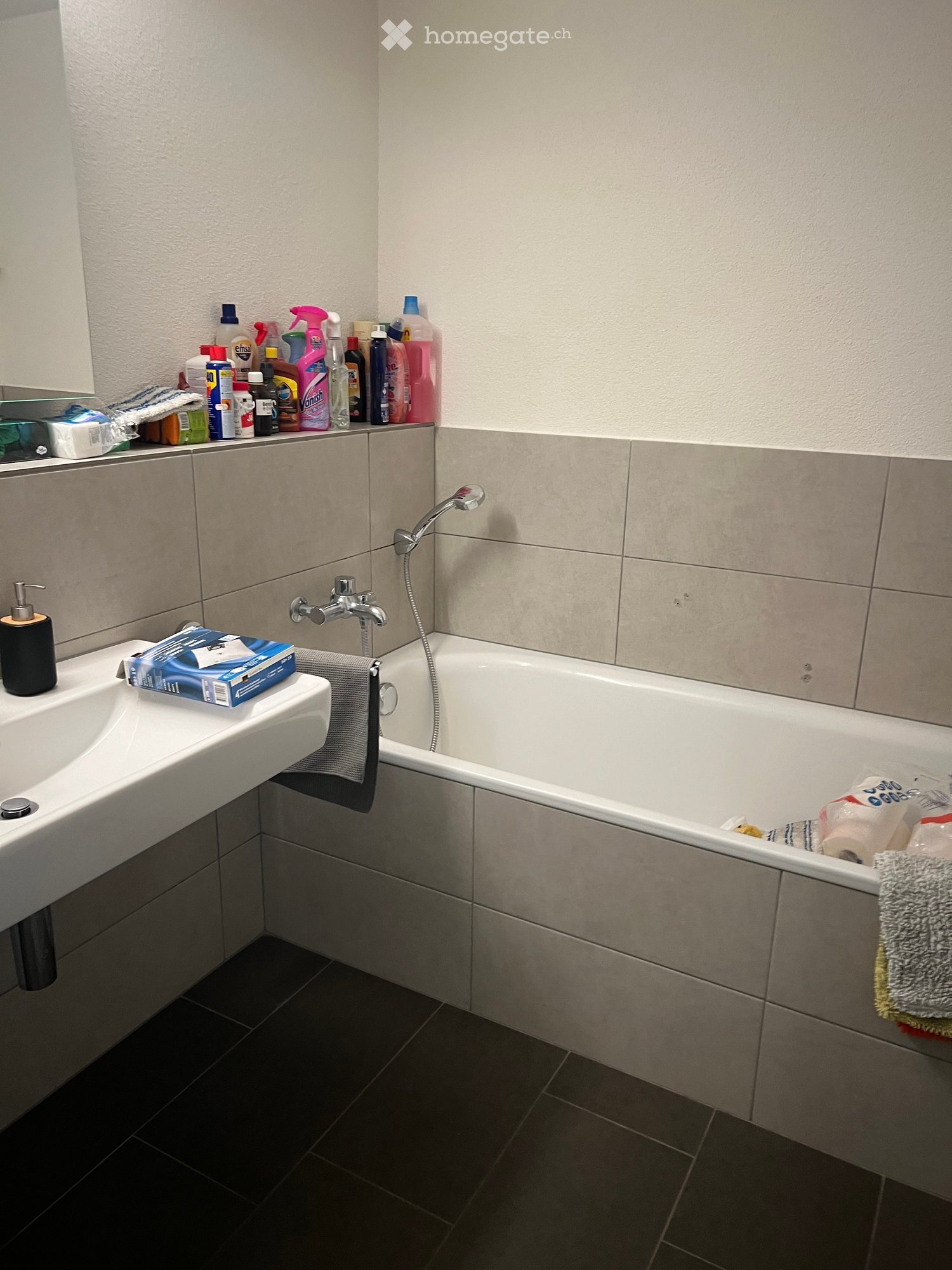 Bathroom with a white sink, bathtub, and various cleaning supplies on a shelf. Includes a towel hanging on the side of the bathtub and a soap dispenser on the sink.