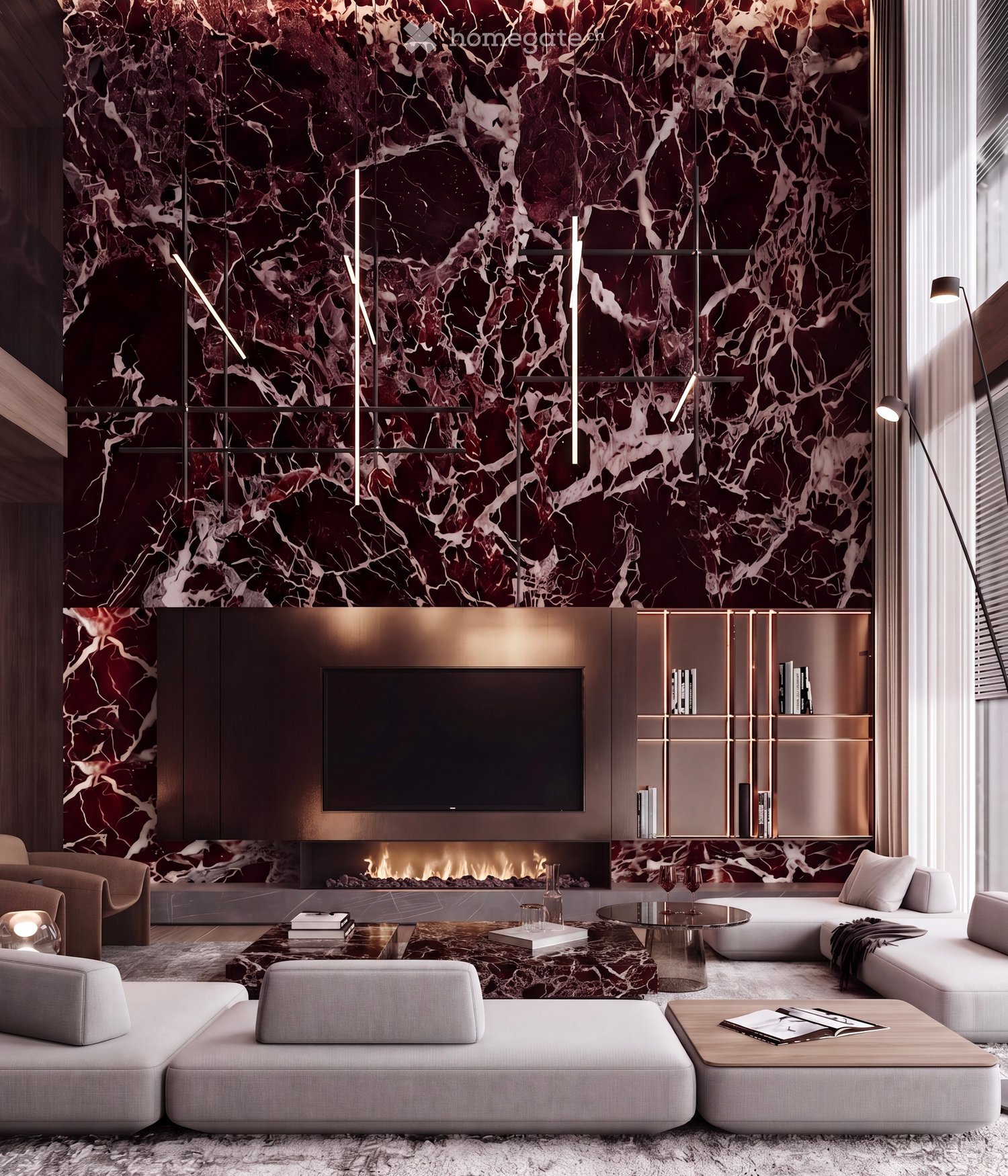 Modern living room with a large fireplace, marble wall, and contemporary furniture including a sofa, coffee table, and bookshelf.