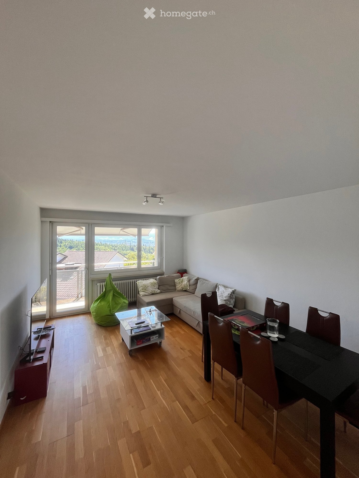Living room with wooden flooring, large window with view, sofa, coffee table, dining table with chairs, and a green bean bag chair.