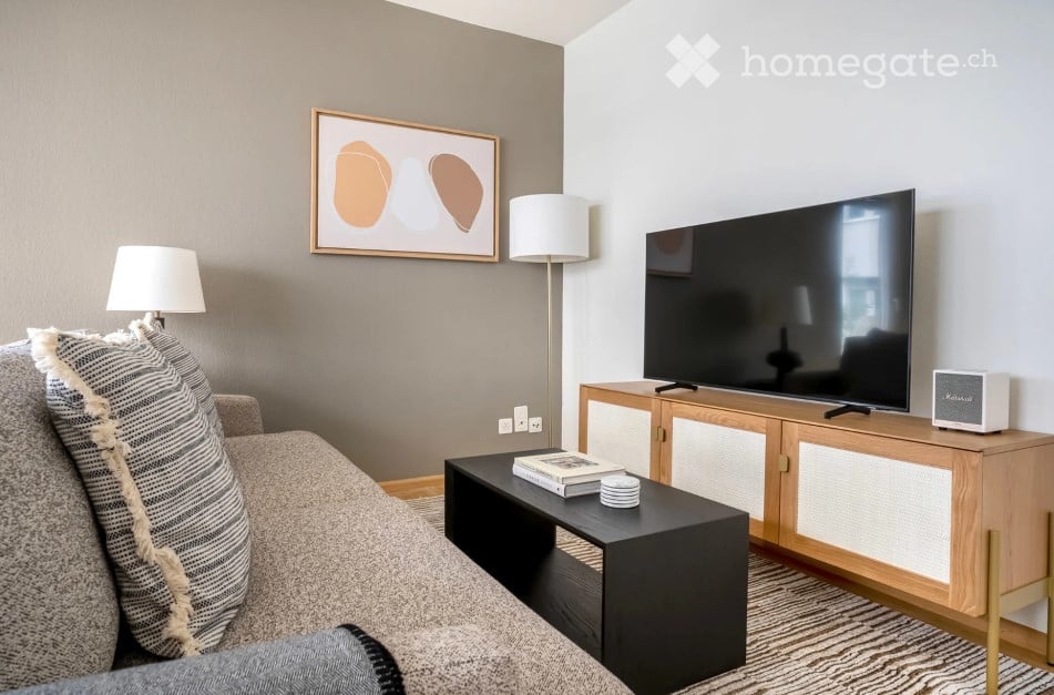 Modern living room with a grey sofa, black coffee table, floor lamp, table lamp, flat-screen TV on a wooden stand, and a decorative picture frame on the wall.