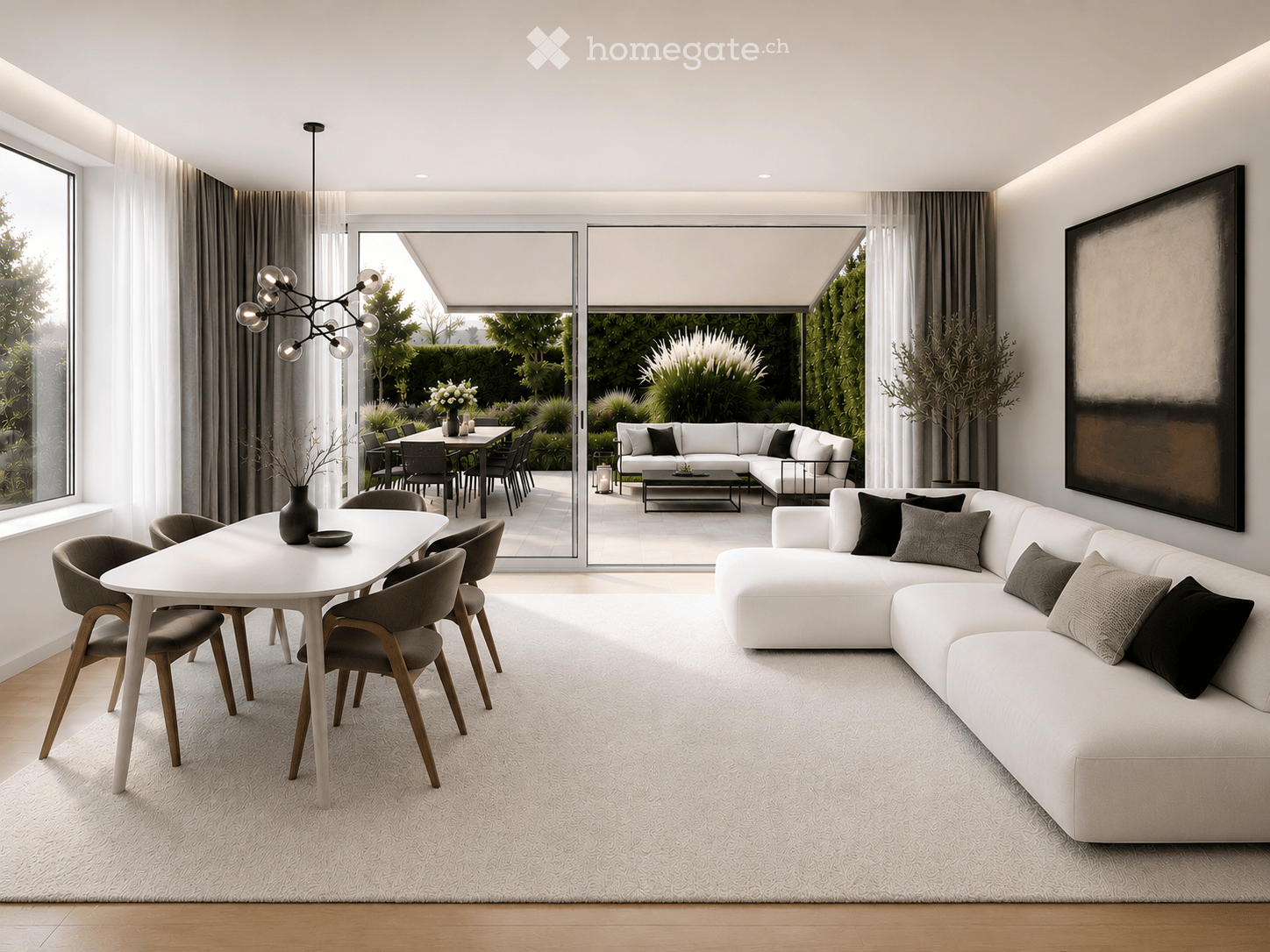 Furnished Room. Modern living and dining area with white sectional sofa, coffee table, dining table with chairs, pendant light fixture, and large windows opening to a garden.