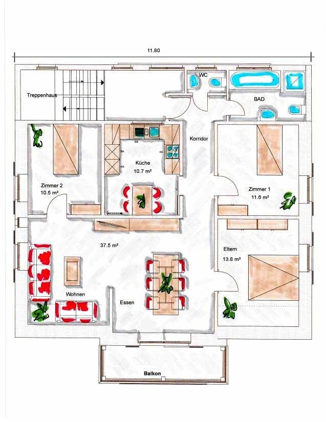 Floor plan of a 2-story house with living room, dining area, kitchen, 2 bedrooms, bathroom, and balcony.