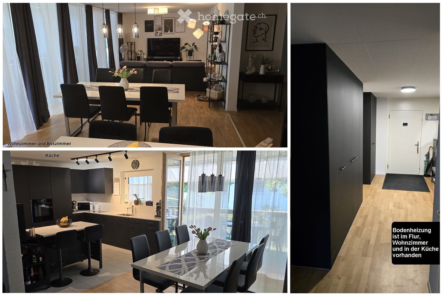 The image shows a modern, furnished living and dining area with a sofa, dining table, chairs, and a television. The kitchen features dark cabinets, a microwave, sink, and a refrigerator. The space is well-lit with pendant lights and has a clean, contempor