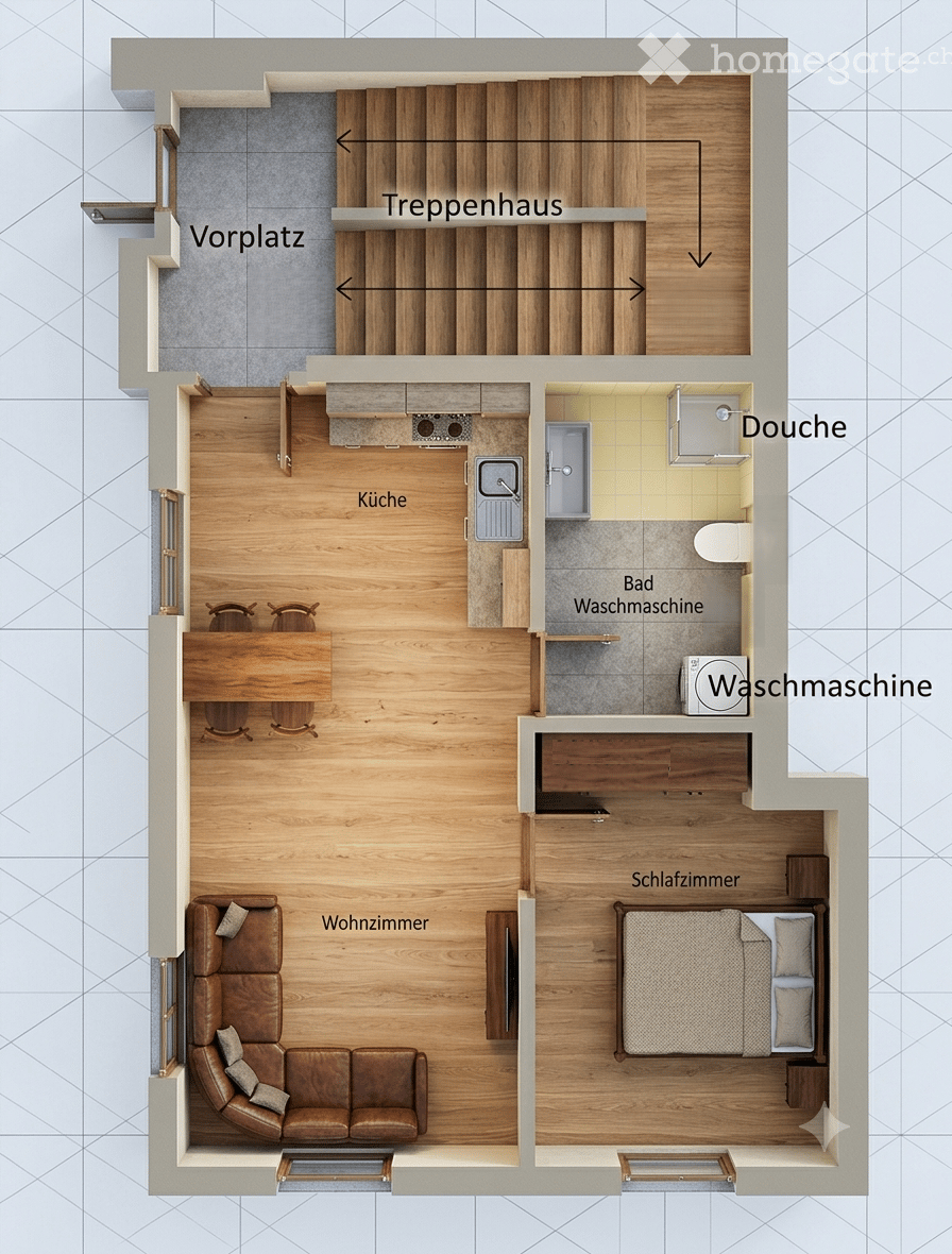 Layout of a 3-room apartment with a living room, bedroom, kitchen, bathroom, and hallway.