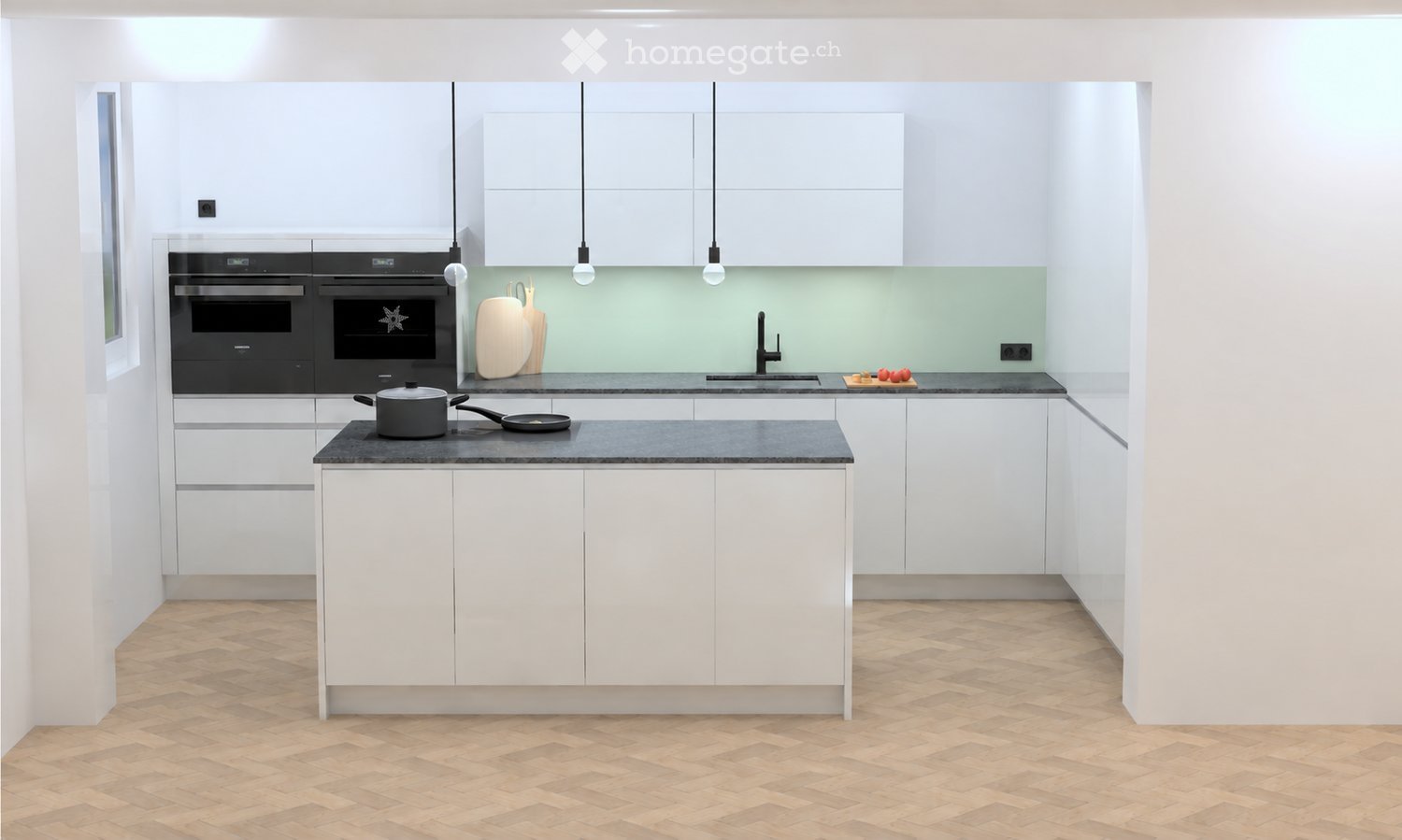 Modern kitchen with white cabinets, black countertops, and a central island. Features include an oven, sink, and various kitchen utensils.