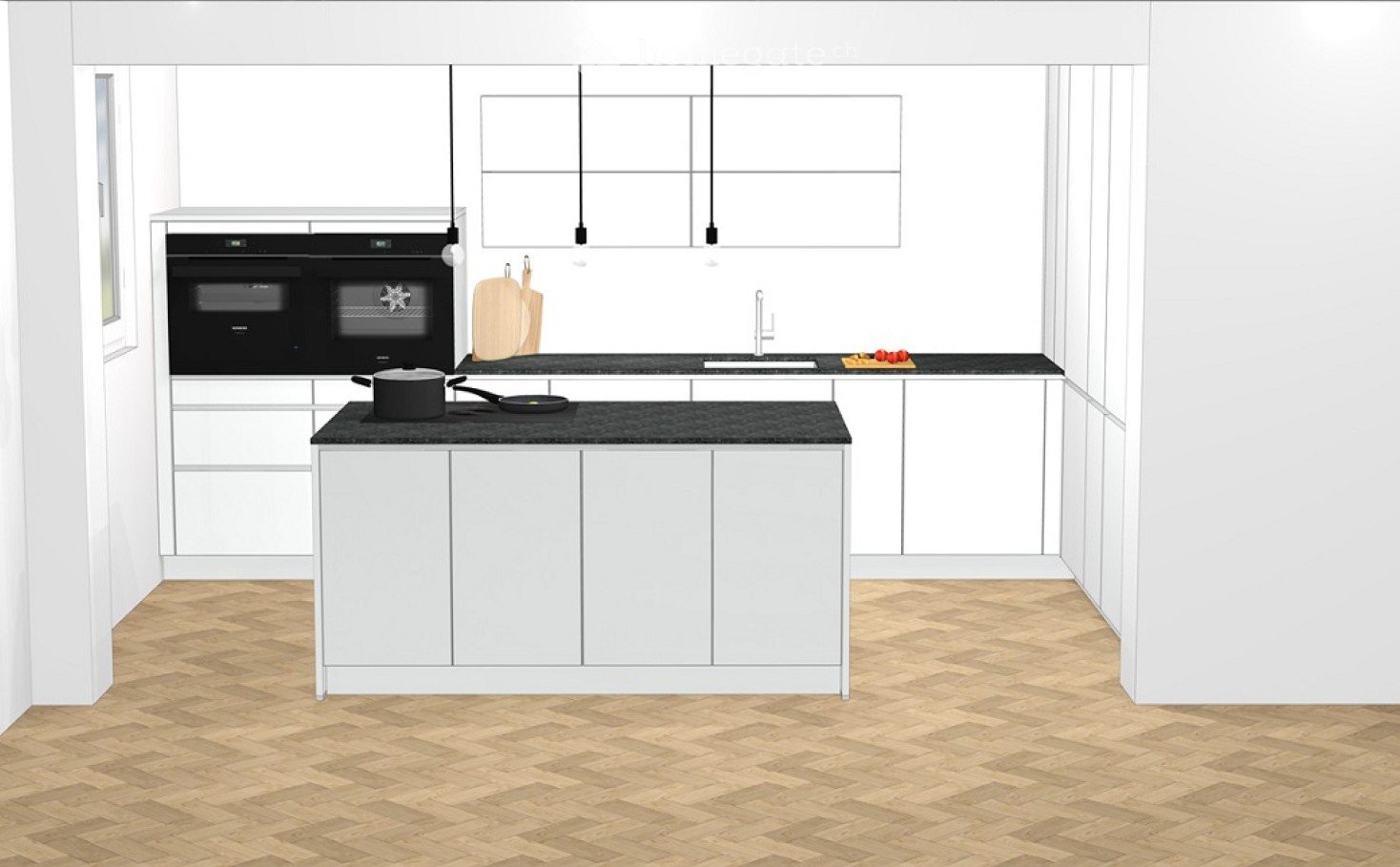 Modern kitchen with white cabinets, black countertops, and a central island. Features an oven, sink, and various kitchen utensils.