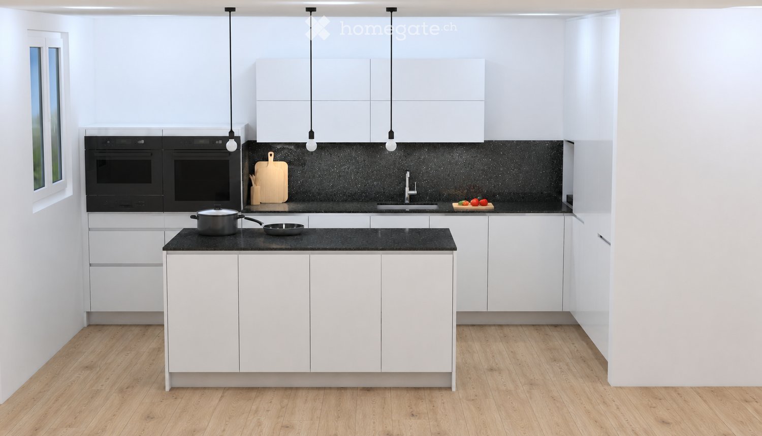 Modern kitchen with white cabinets, black countertops, and stainless steel appliances. Features include an island, pendant lights, and a window with a view.