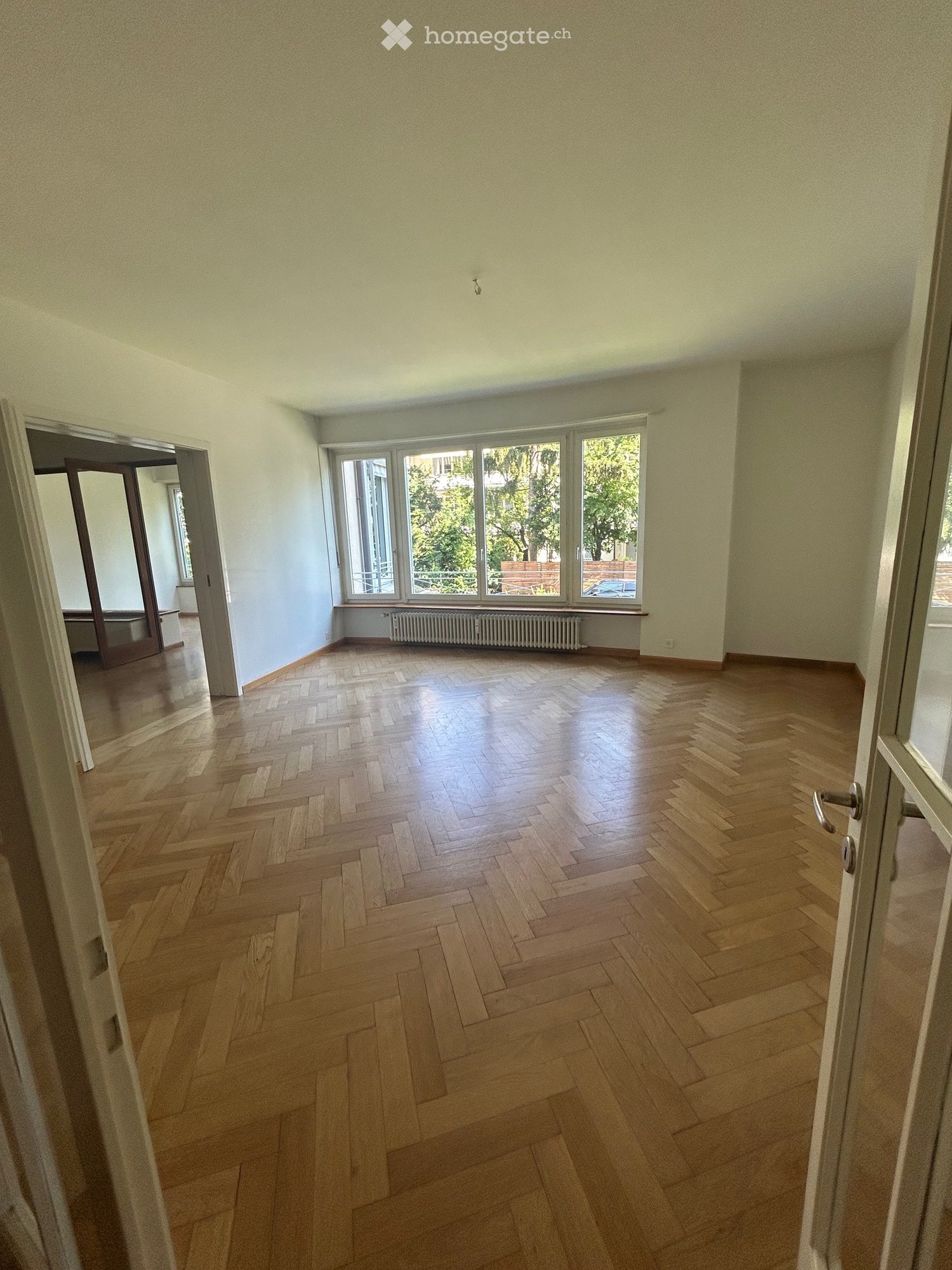 spacious room, wooden parquet flooring, large windows with balcony