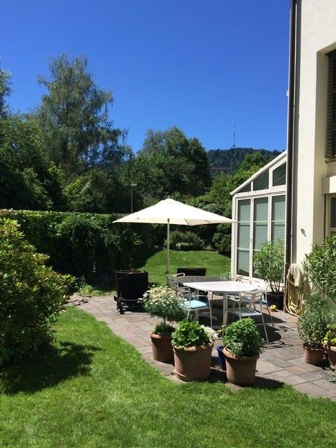 Well-maintained garden with a patio area, outdoor furniture, umbrella, and potted plants.