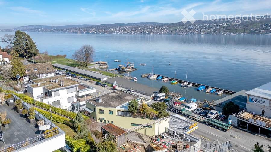 Aerial view of a waterfront area with a marina, boats, and buildings, overlooking a lake and distant cityscape.