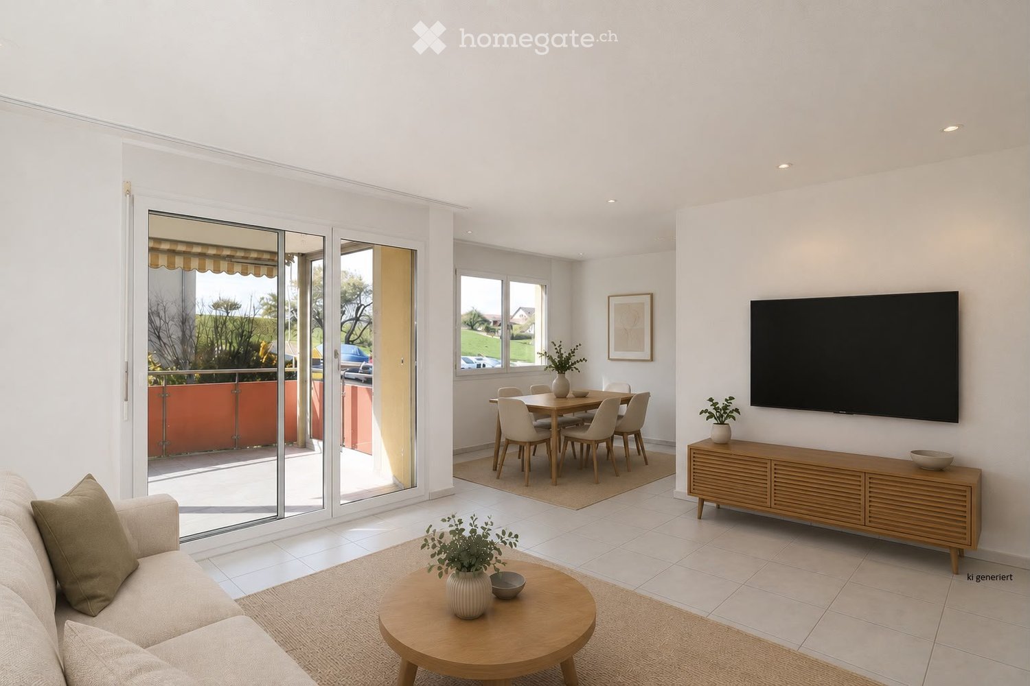 Bright, modern living and dining area with white walls, tiled floors, large sliding glass doors leading to a balcony, a sofa, coffee table, TV, dining table, and chairs.