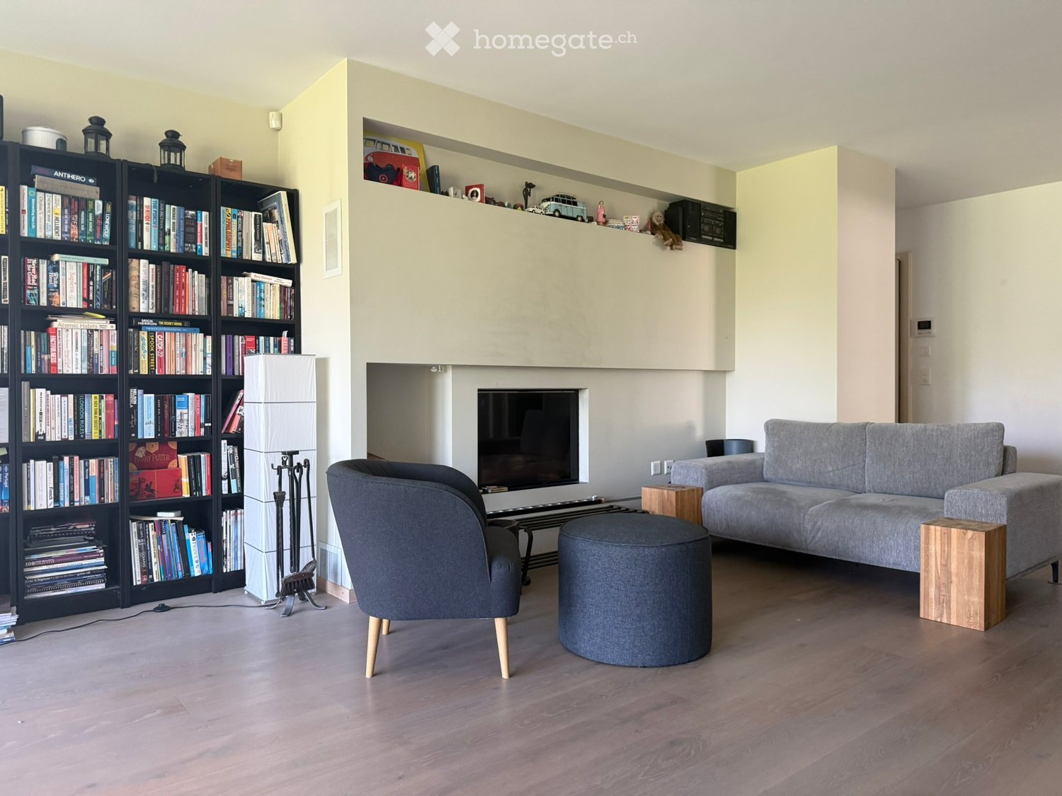 Modern living room with a grey sofa, armchair, ottoman, coffee table, bookshelf, and fireplace.