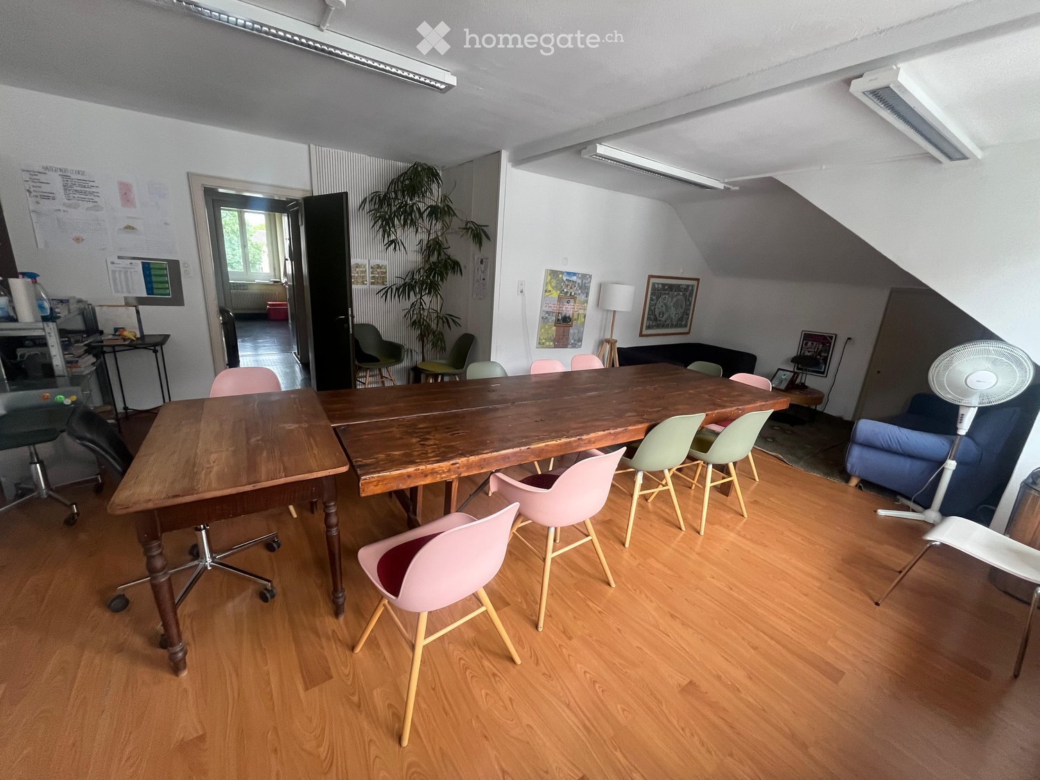 meeting room, long wooden table, pink and green chairs, wooden floor, office furniture, plant