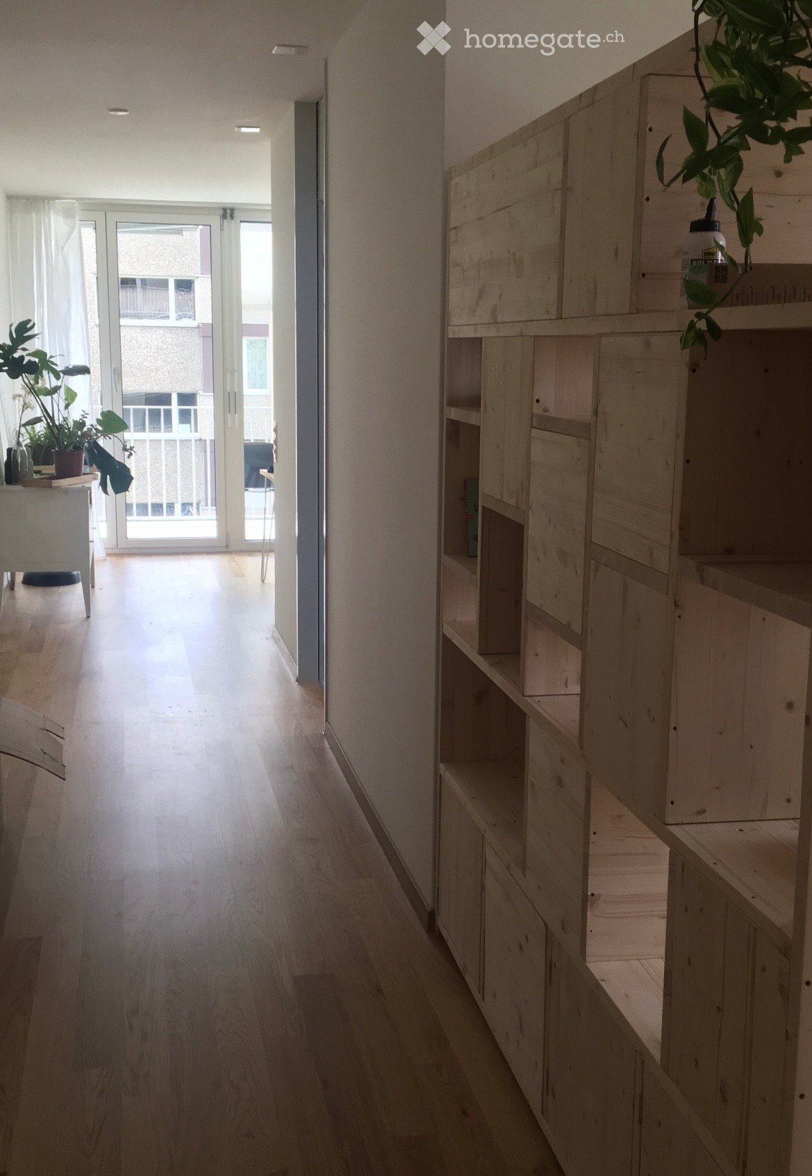 A long, narrow hallway with wooden flooring and white walls, featuring a built-in wooden shelving unit on one side and a small table with plants near a glass door leading to a balcony.