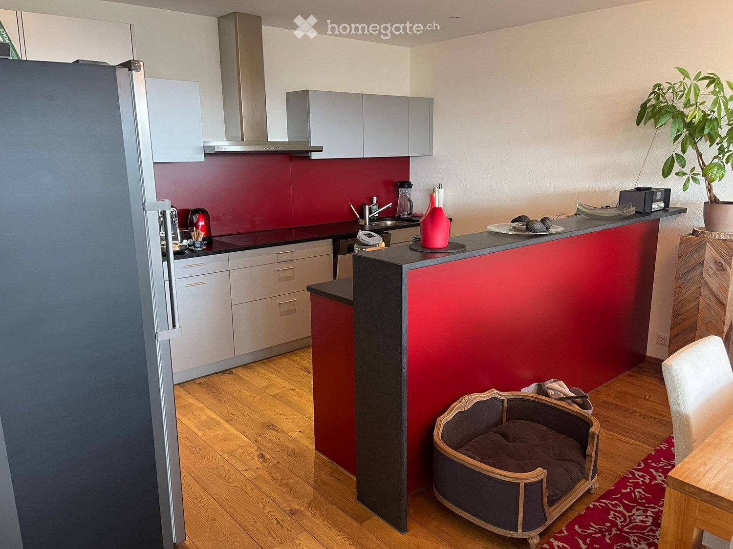 Modern kitchen with grey cabinets, red accent wall, island, and various appliances. Includes a cat bed and a small table with a chair.