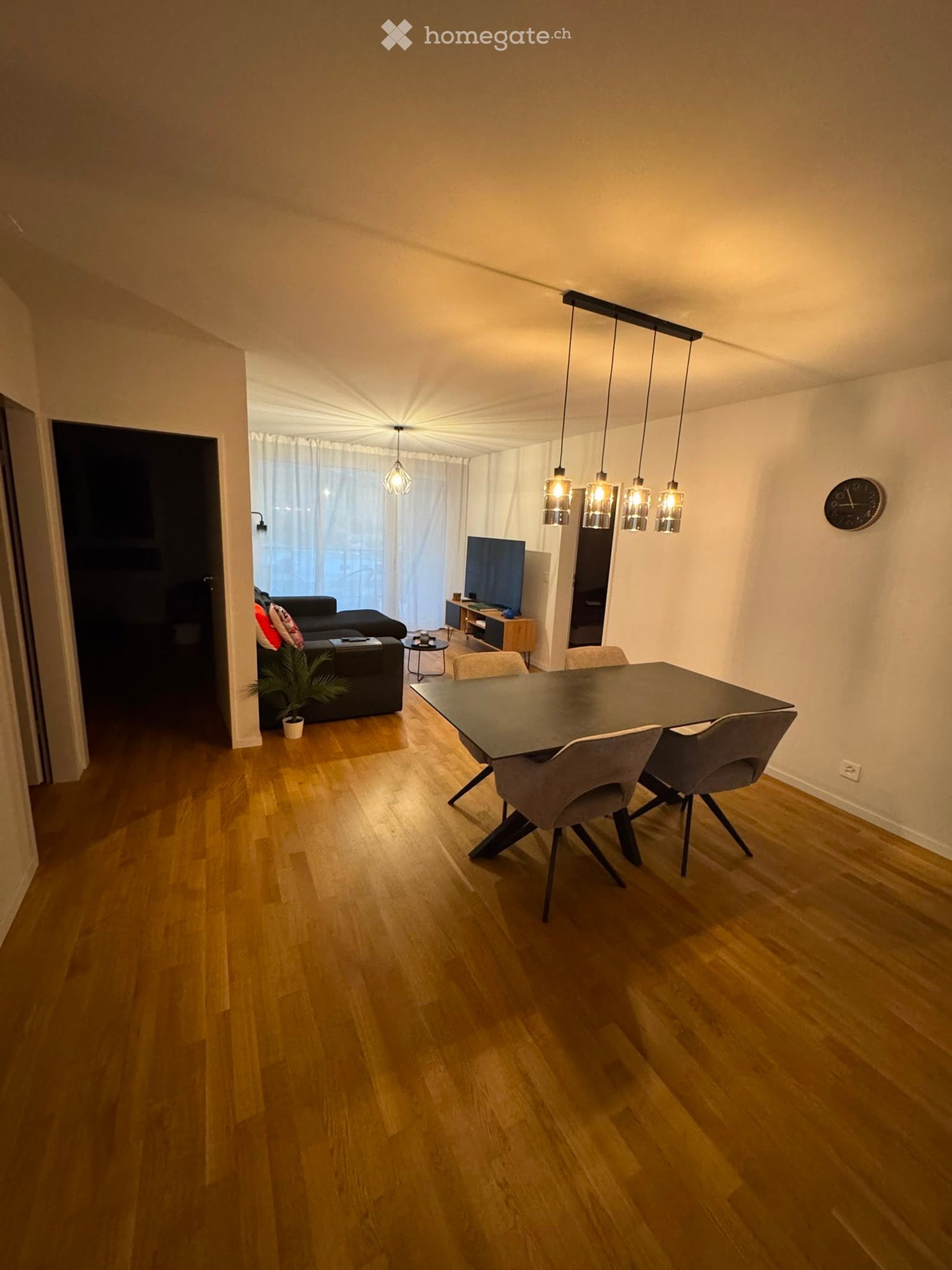 Open-plan living and dining area with wooden flooring, a black sofa, a dining table with four chairs, a television, pendant lights, and a small plant in a pot.