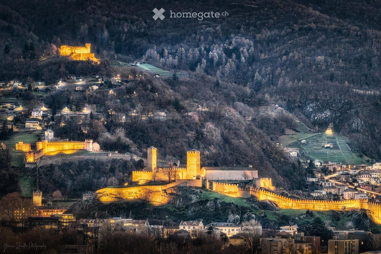 Nighttime view of a historic castle illuminated with warm yellow lighting, surrounded by a town with scattered houses and trees on a hilly landscape.