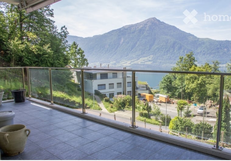 Balcony with a panoramic view of a mountain and lake, featuring a glass railing, tiled floor, and a few potted plants.
