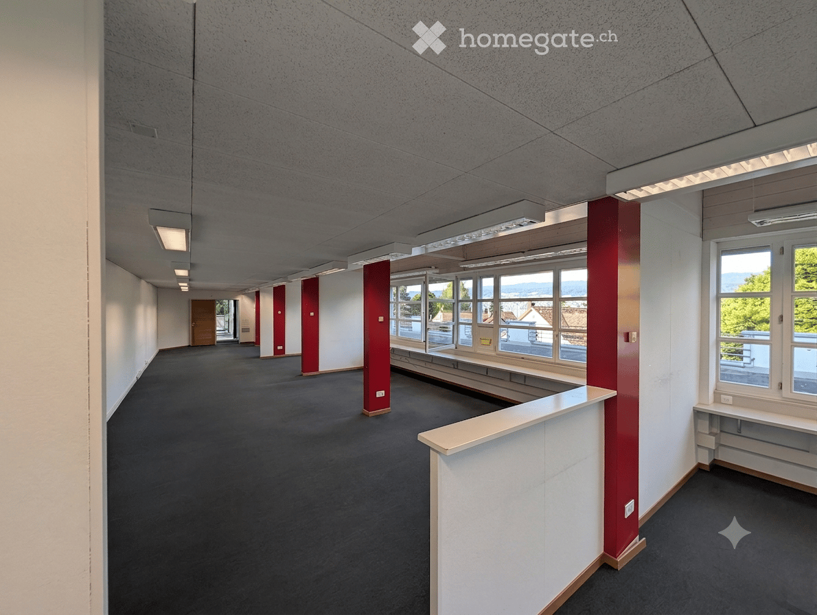 Empty hallway with grey carpet, white walls, red pillars, and large windows overlooking a scenic view.