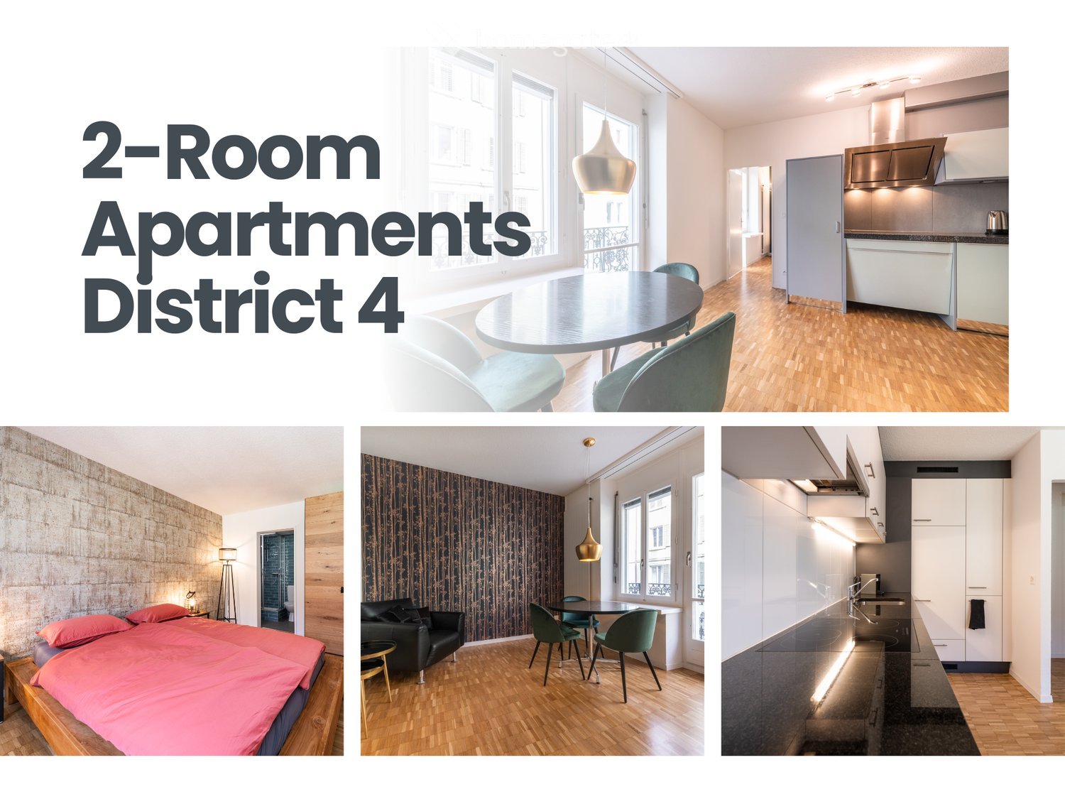 A collage of furnished rooms including a dining area with a table and chairs, a living room with a sofa and coffee table, and a bedroom with a bed and nightstand.