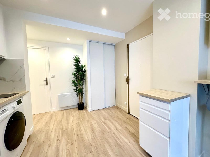 Bright, modern room with light wooden flooring, white walls, a washing machine, a small cabinet, and a potted plant near the door.