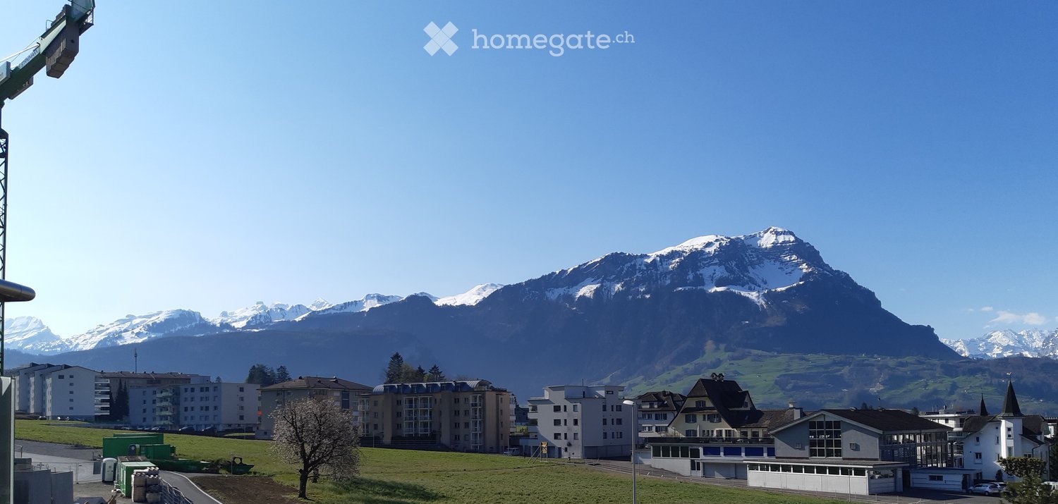 A town with modern buildings and a snow-capped mountain range in the background.