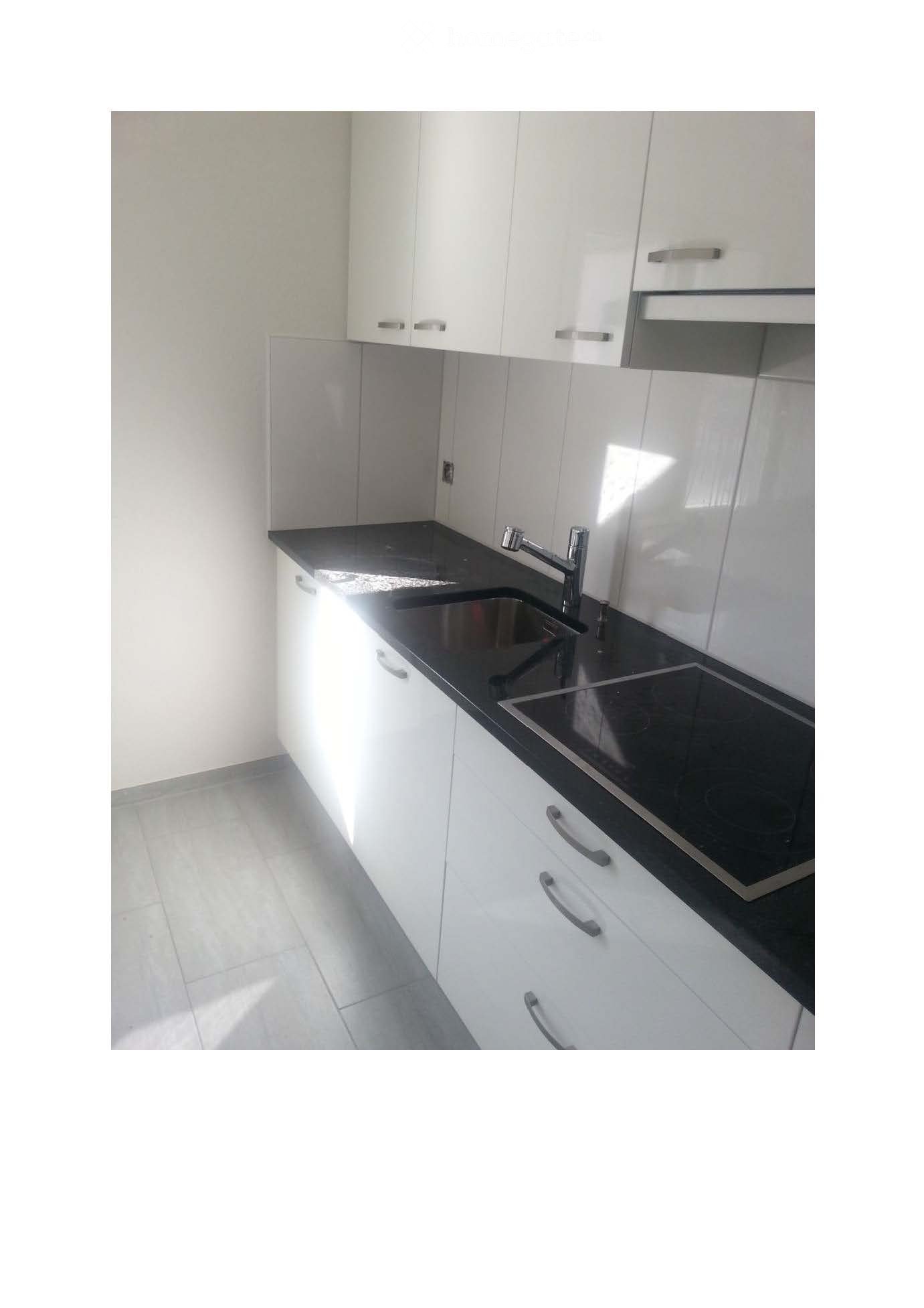 Modern kitchen with white cabinets, black countertop, stainless steel sink, and induction cooktop.