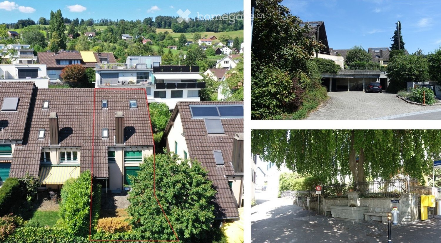 Four distinct houses in a suburban setting, featuring varied architectural styles, solar panels, and surrounding greenery.