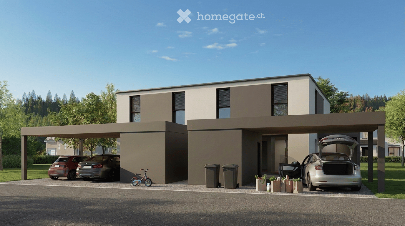 Modern two-story house with a covered garage, several parked cars, and a bicycle near the entrance.