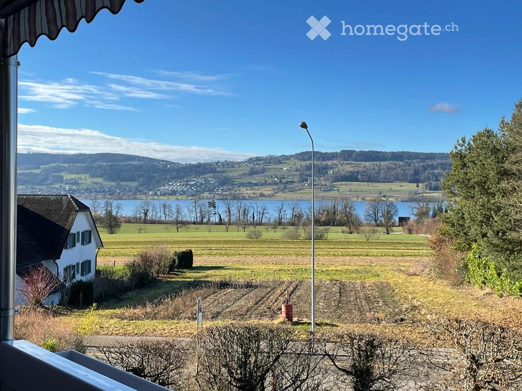 Balcony overlooking a scenic countryside with a lake, fields, and distant hills under a clear blue sky.