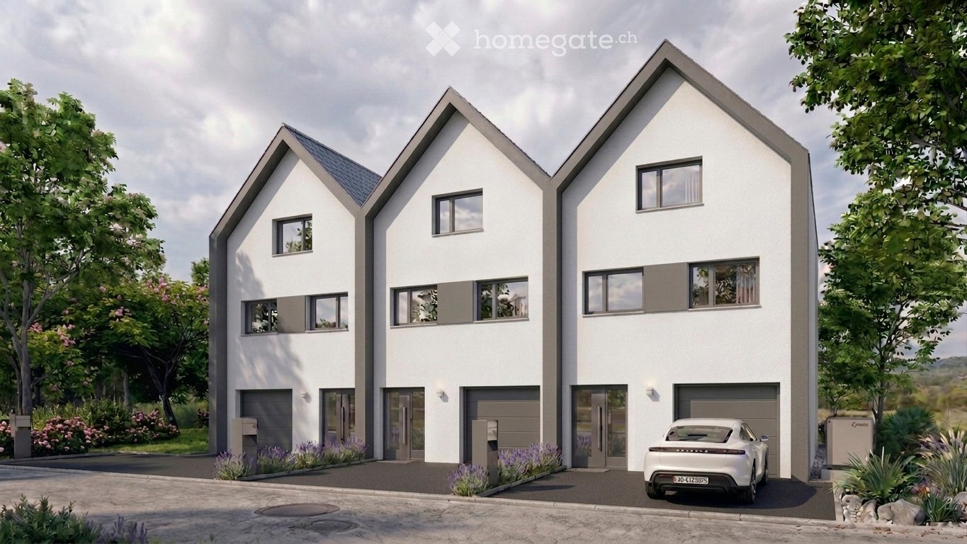 Modern two-story house with white exterior, grey accents, multiple windows, and two attached garages.