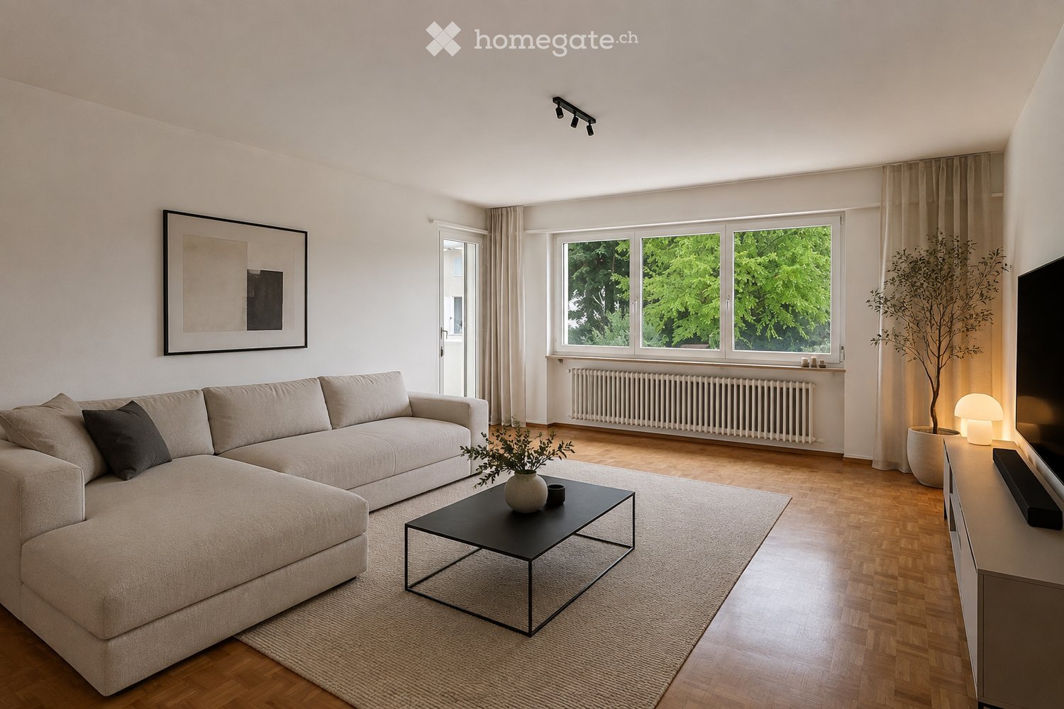Modern living room with light-colored sofa, black coffee table, TV, floor lamp, and large windows with curtains.