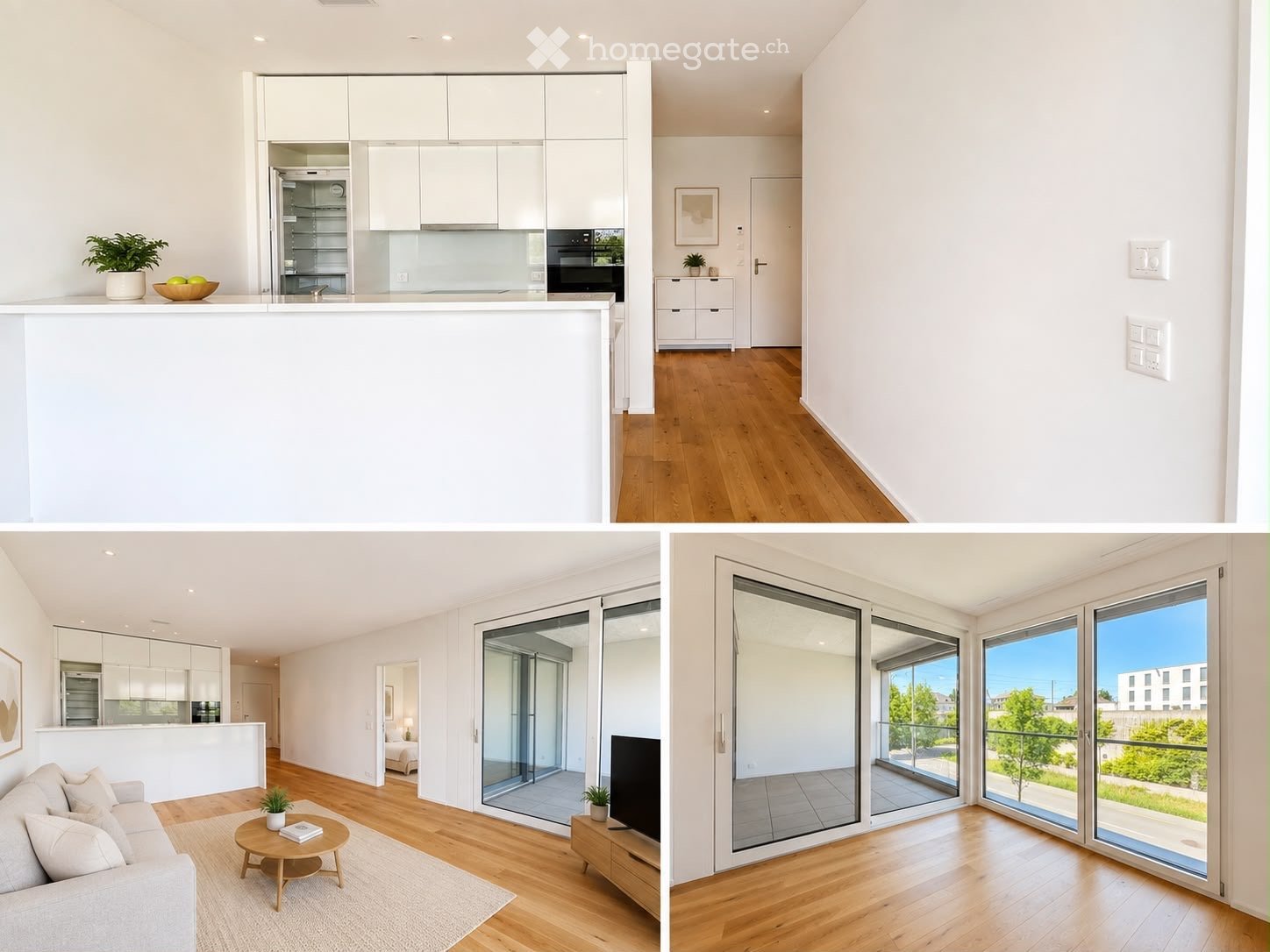 Modern, open-plan living and dining area with a kitchen, large sliding glass doors leading to a balcony, and contemporary furniture including a sofa, coffee table, and TV stand.